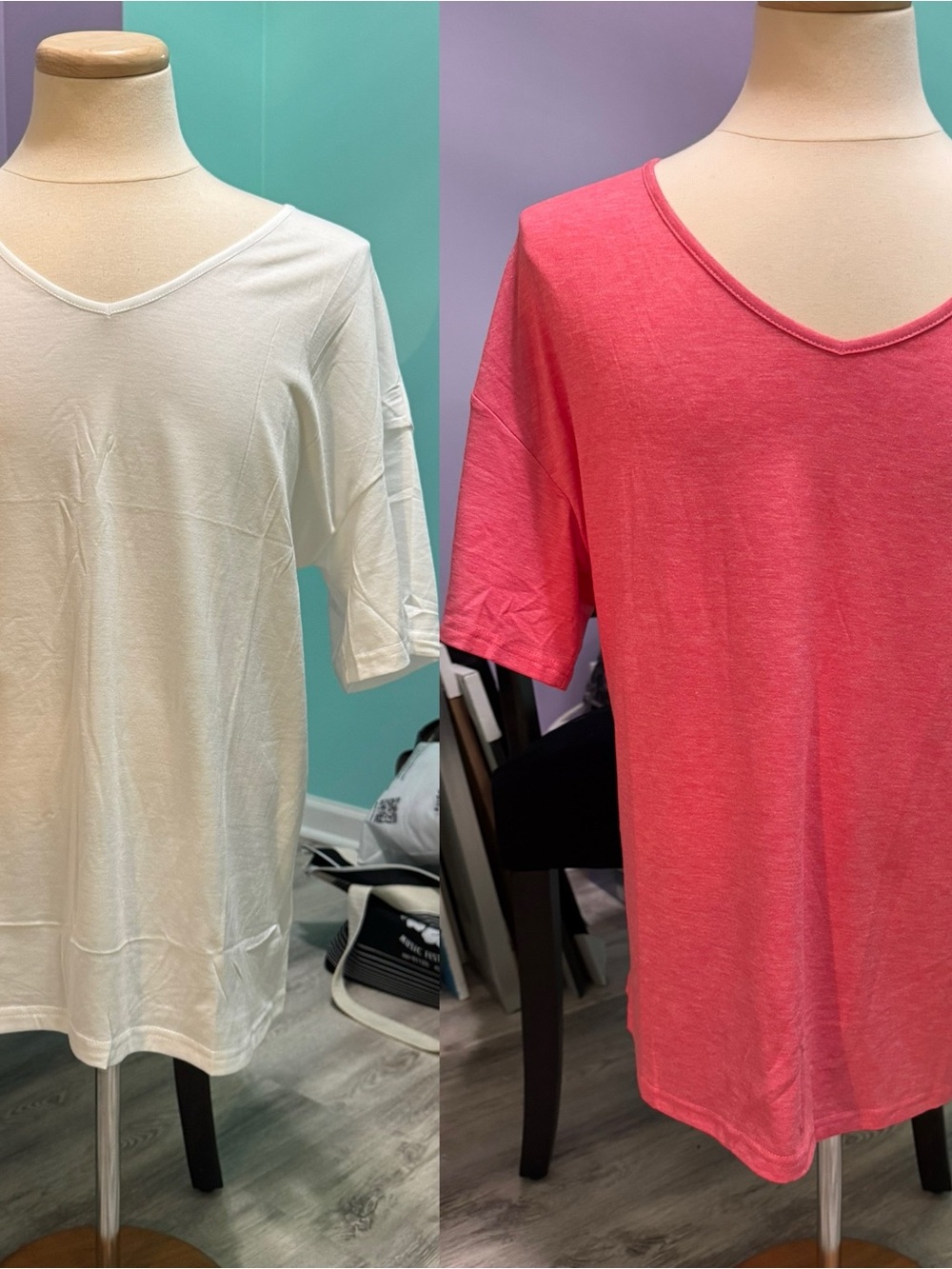 TWO Everyday V-Neck Tees - 1 White and 1 Watermelon Pink